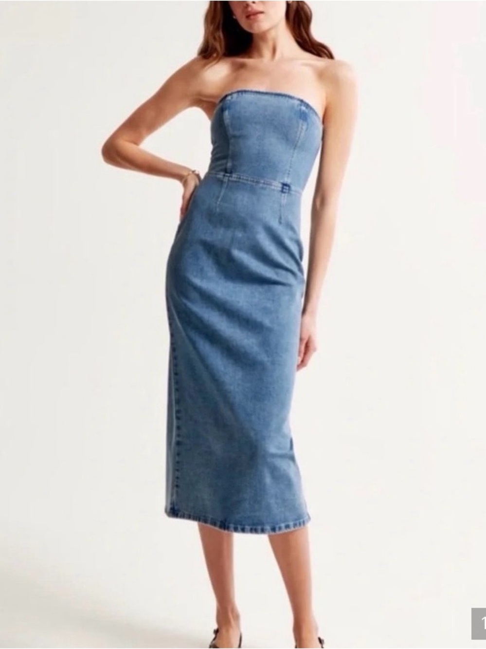 A&F denim Strapless Midi dress Size Medium Tall Contemporary Chic Minimalist